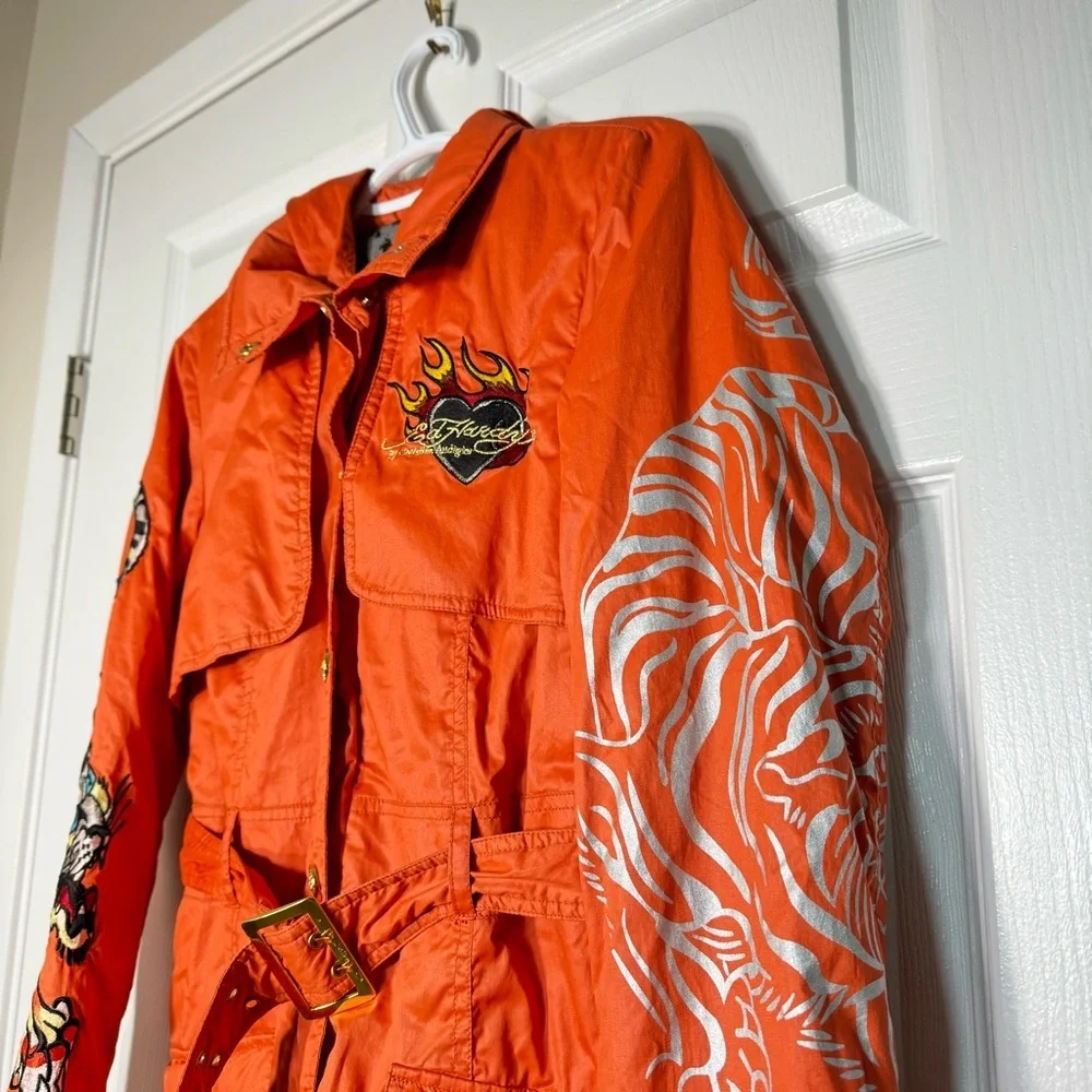 VTG Ed Hardy Trech Coats Embroidered Tiger Tattoo Y2K Women Small Orange Gothic - Picture 4 of 14